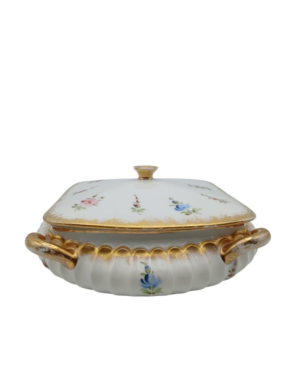 Antique Haviland Limoges Covered Serving Bowl Hand Painted Floral Gold 8"